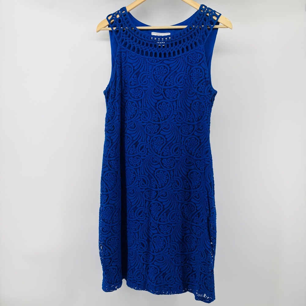 J. Howard Dress Size 12 Royal Blue Lace Sheath Lattice Neckline Sleeveless